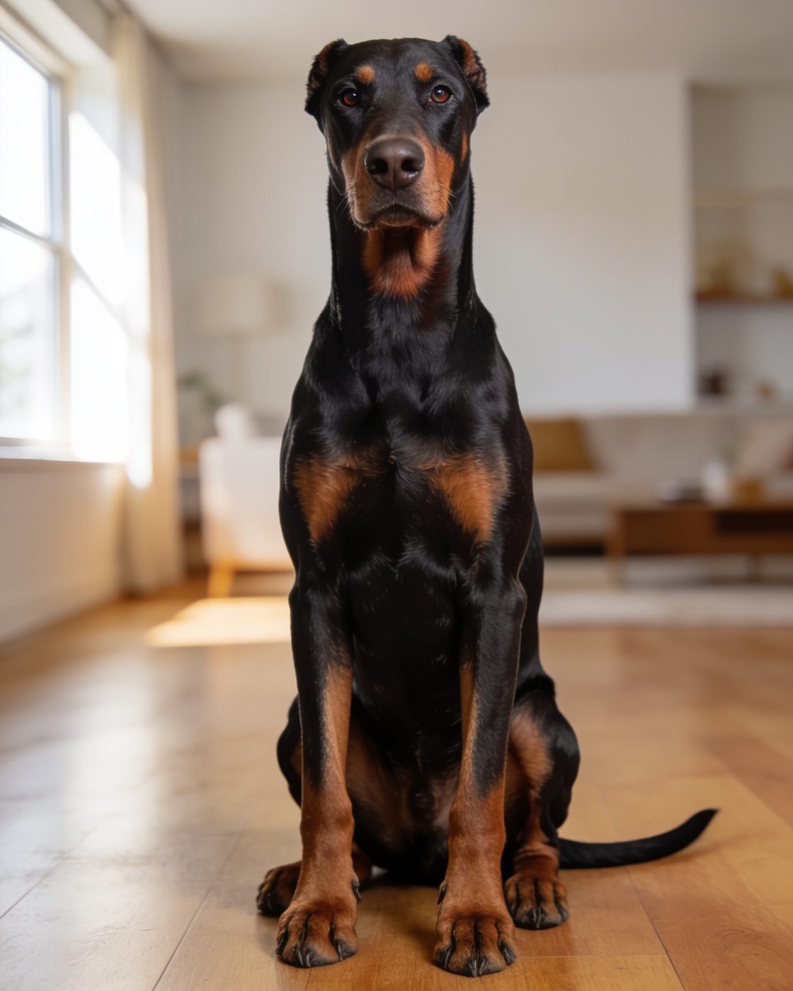 Dobermann noir et feu assis dans un salon, oreilles naturelles