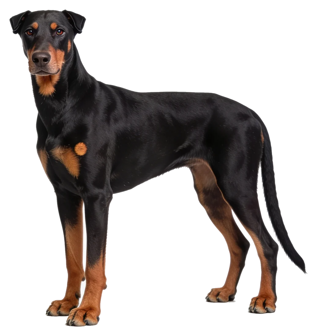 Dobermann noir et feu debout de profil, oreilles et queue naturelles